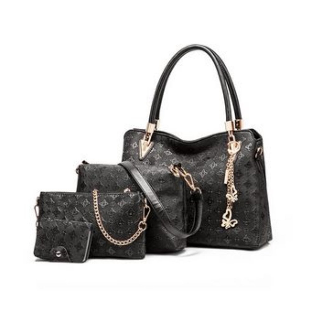 4 pcs Womens PU Leather Purses and Handbags with Matching Wallets - Black